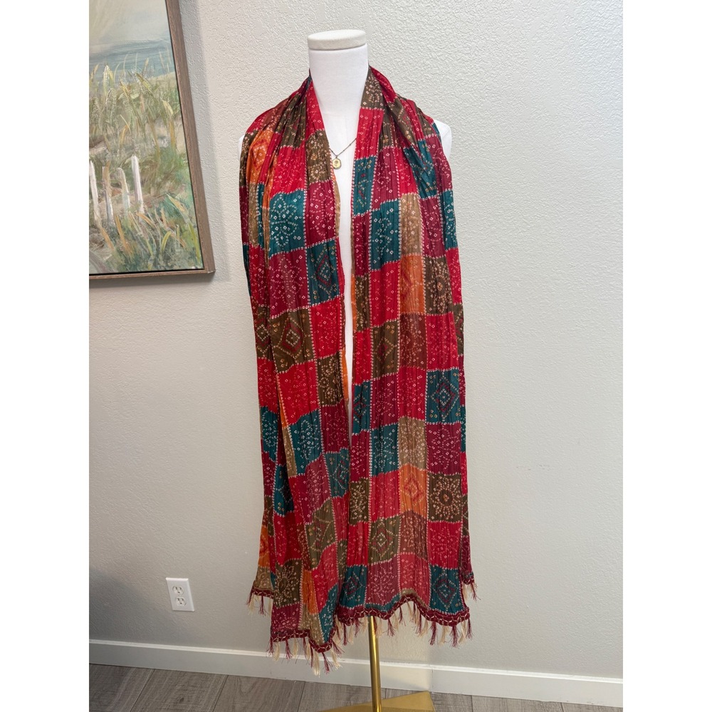 Patchwork Bandhani Print Crinkle Scarf with Fringe Trim Boho Wrap